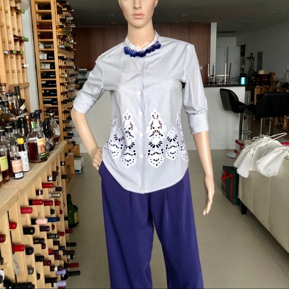 Theory Weylend Grey/White Stripe Shirt / Blouse - Picture 4 of 12